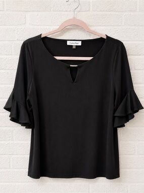 Calvin Klein Black Ruffle Sleeve Keyhole Blouse